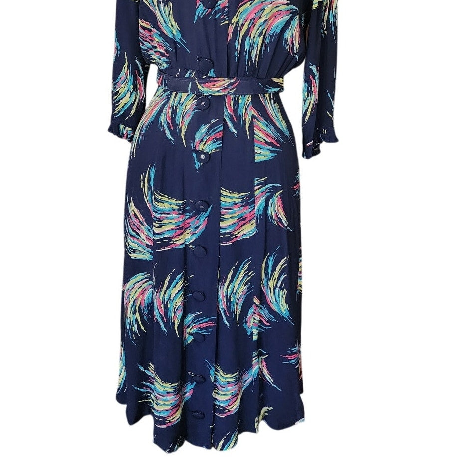 Vintage 1940s Dress Blue Rayon Novelty Print Midi Button Down Belted Shirtdress
