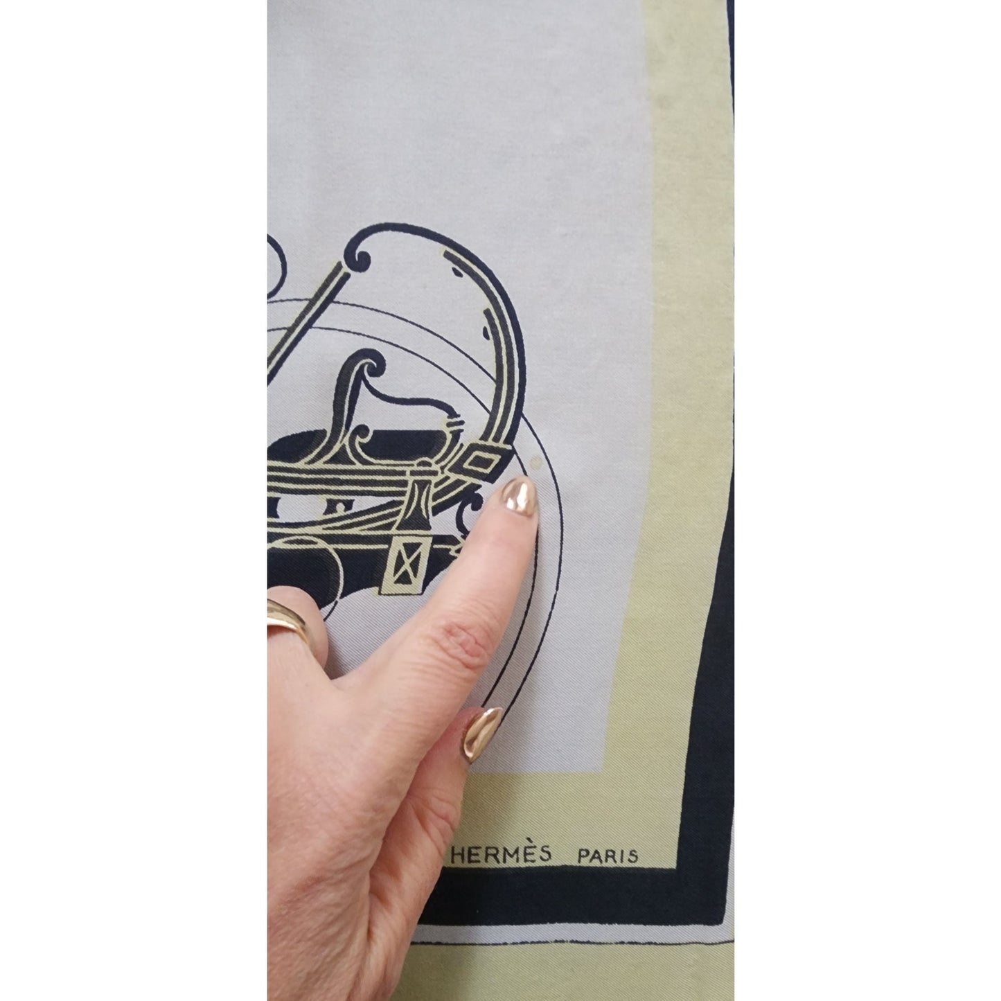 Vintage HERMES Scarf Square Silk Ex-Libris Yellow Hugo Grygkar Horse Carriages