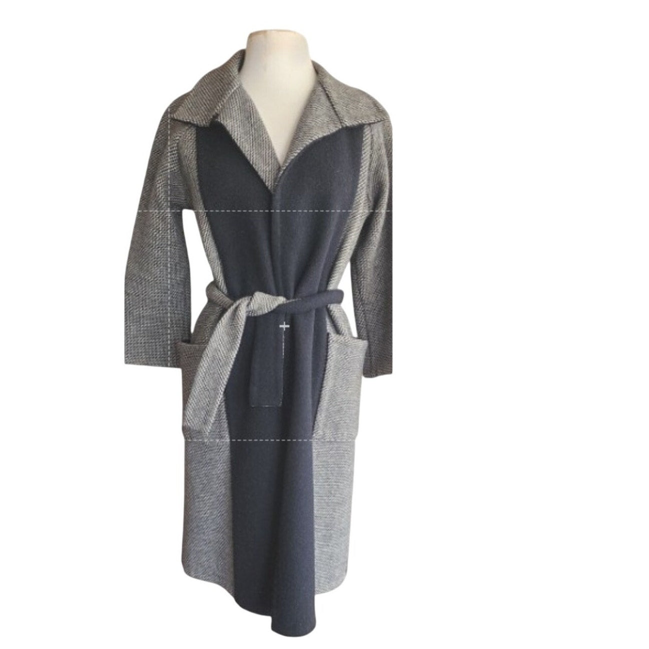 Vintage 90s Gray Wool Coat w/Sash Tie Belt Zigzag Pattern