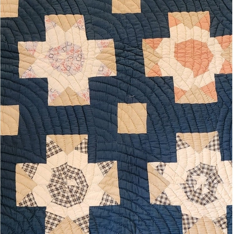Antique 1800s Quilt Variable Stars Scraps Sampler Crossed Roads Dark Blue w/Cream Crosses