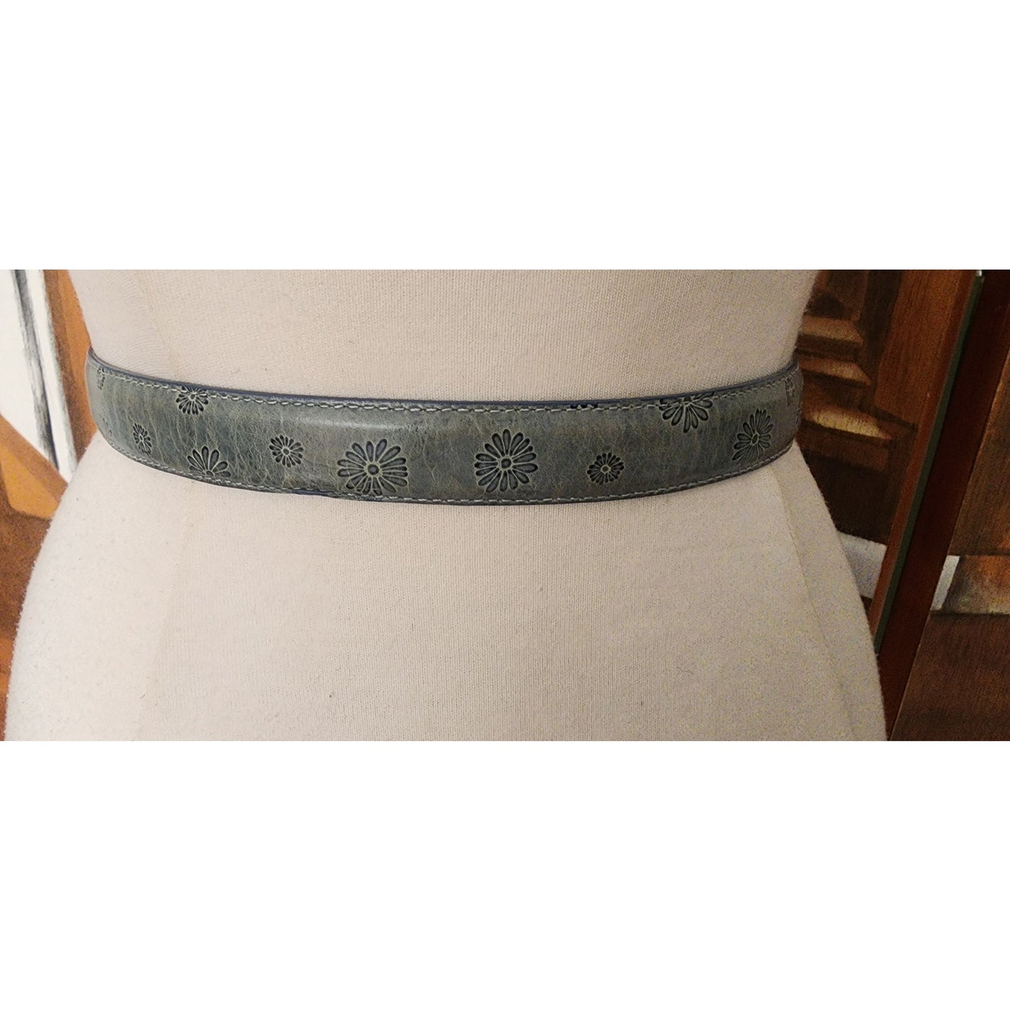 Vintage 1990s Brighton Belt Baby Blue Tooled Leather Silver Charms Waist 28