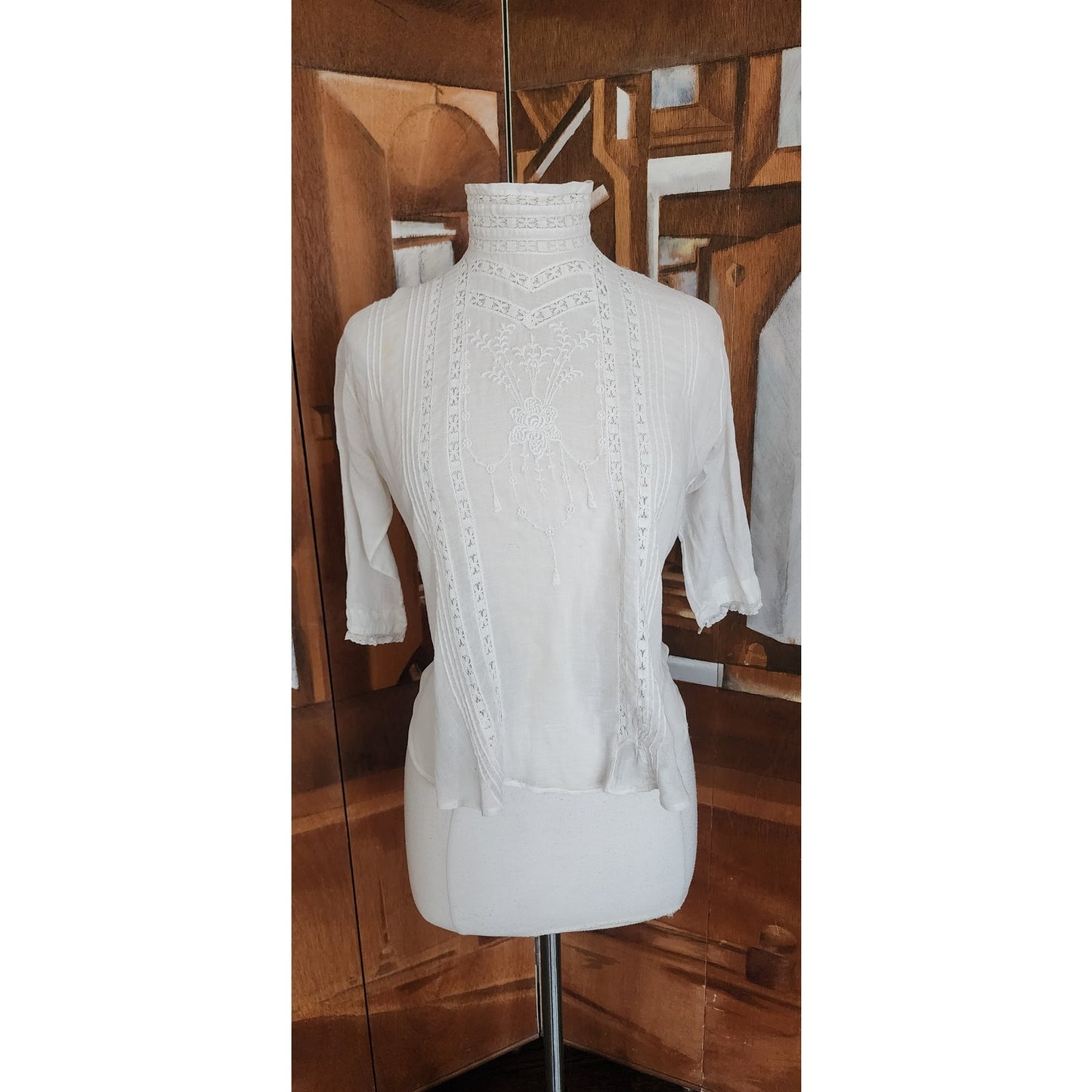 Antique Edwardian Blouse Embroidered White Cotton Lace High Neckline