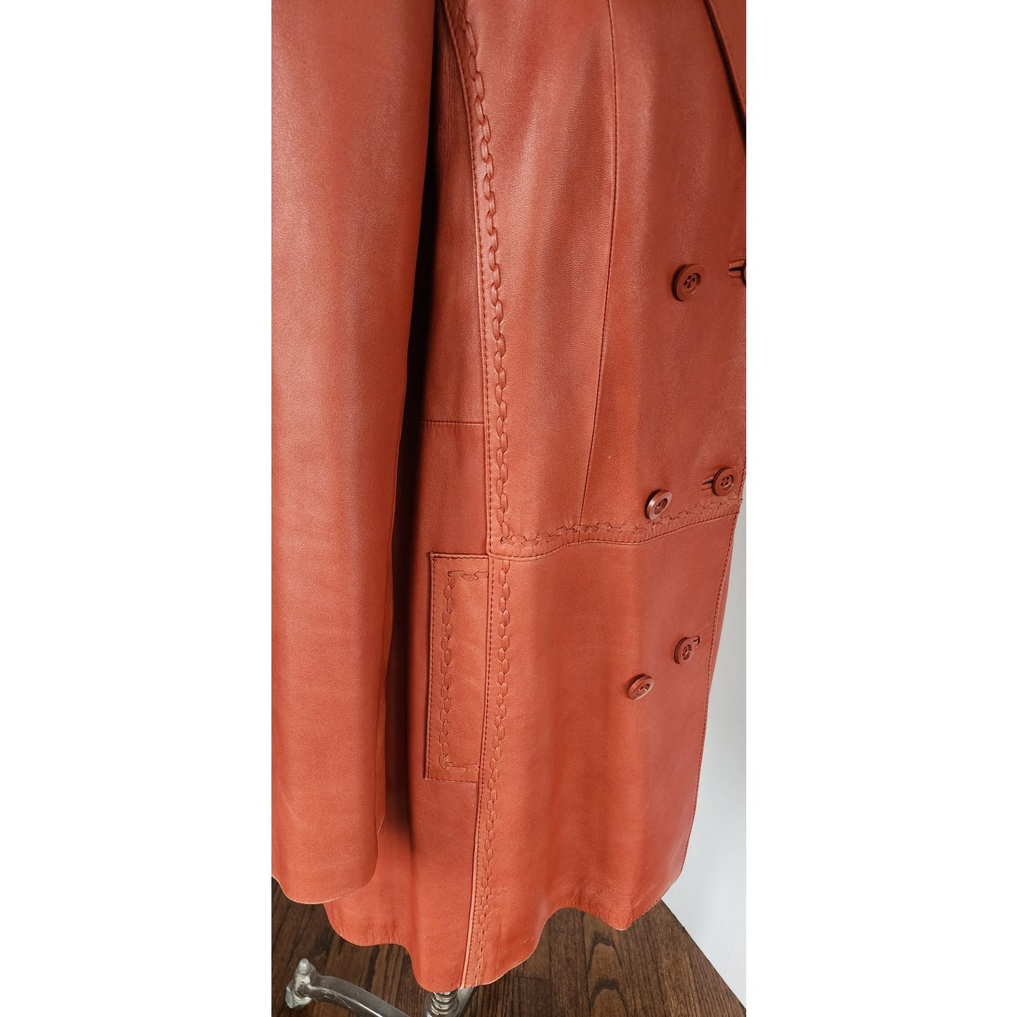 Vintage 70s Brown Leather Coat Hip Length Double Breasted / L