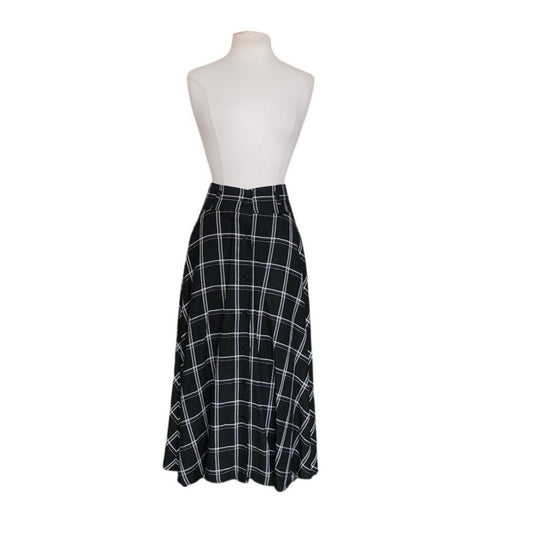 Vintage 90s Anne Klein II Black White Plaid Midi Skirt Linen / M