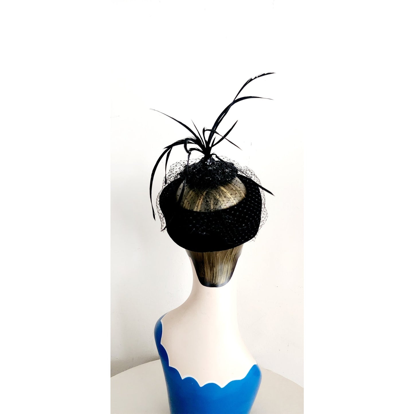 Vintage 50s Black Cocktail Hat Velvet Pillbow w/Mesh and Tall Feathers