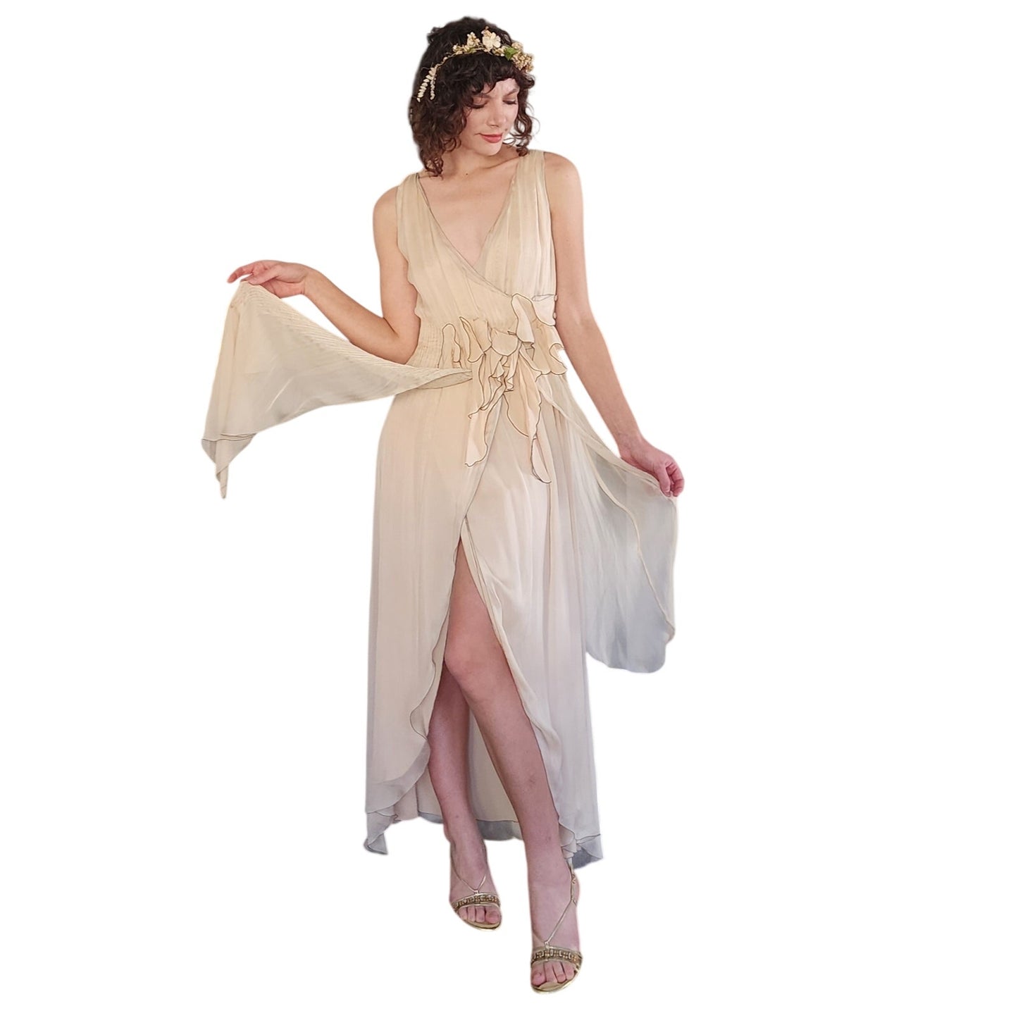 Vintage 2000s FENDI Evening Dress Sleeveless Cream Chiffon NWT