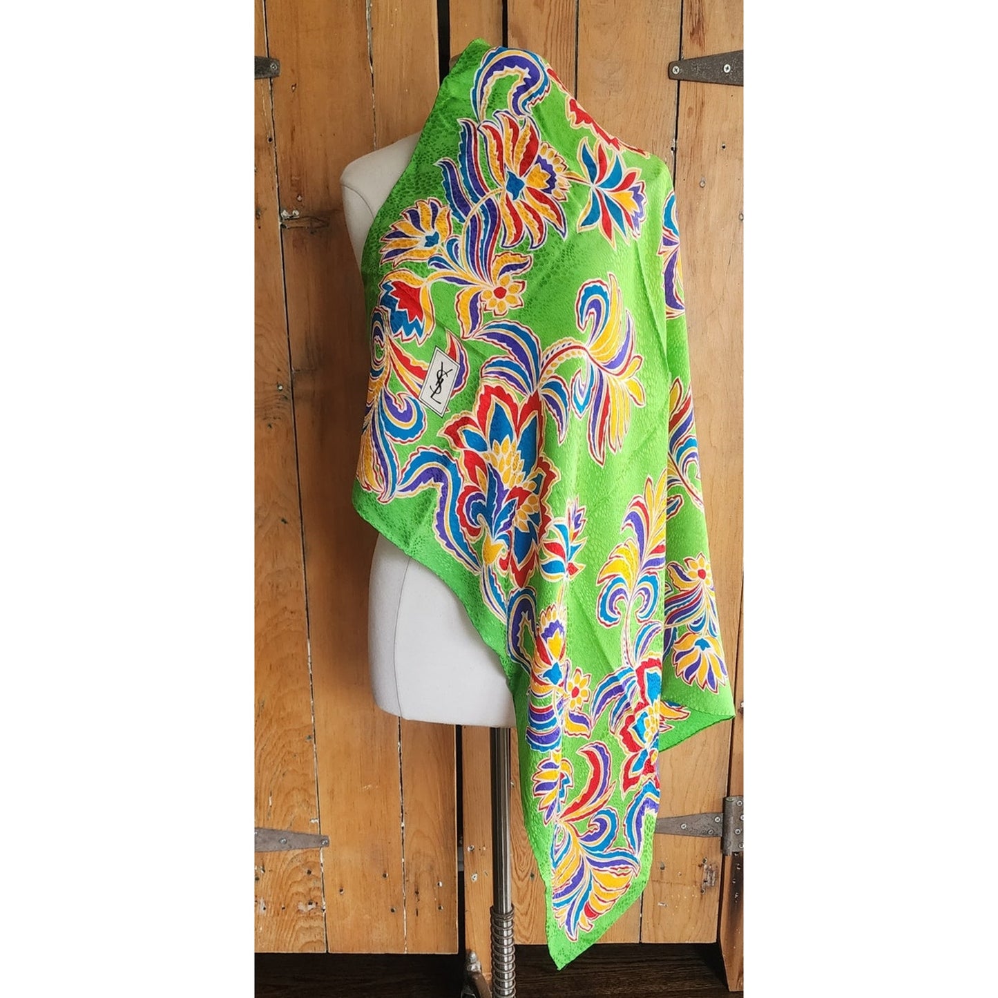Vintage YSL Scarf Silkprint Square Floral Paisley Green Yves Saint Laurent 1970s 1980s