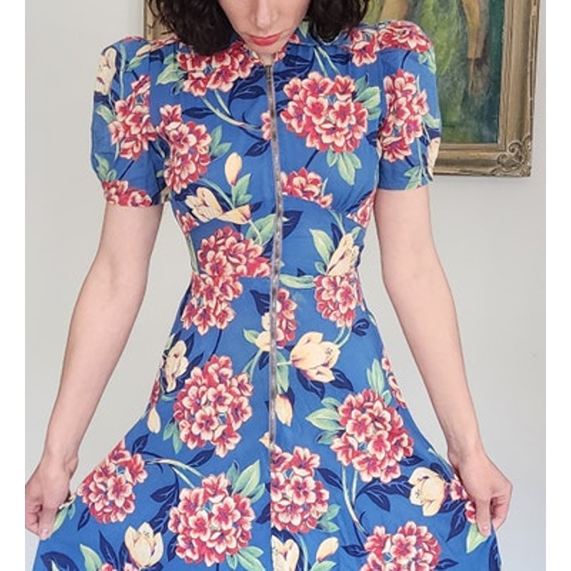 Vintage 30s Blue Floral House Dress Maxi Lounger Puff Sleeve Zip Front XS