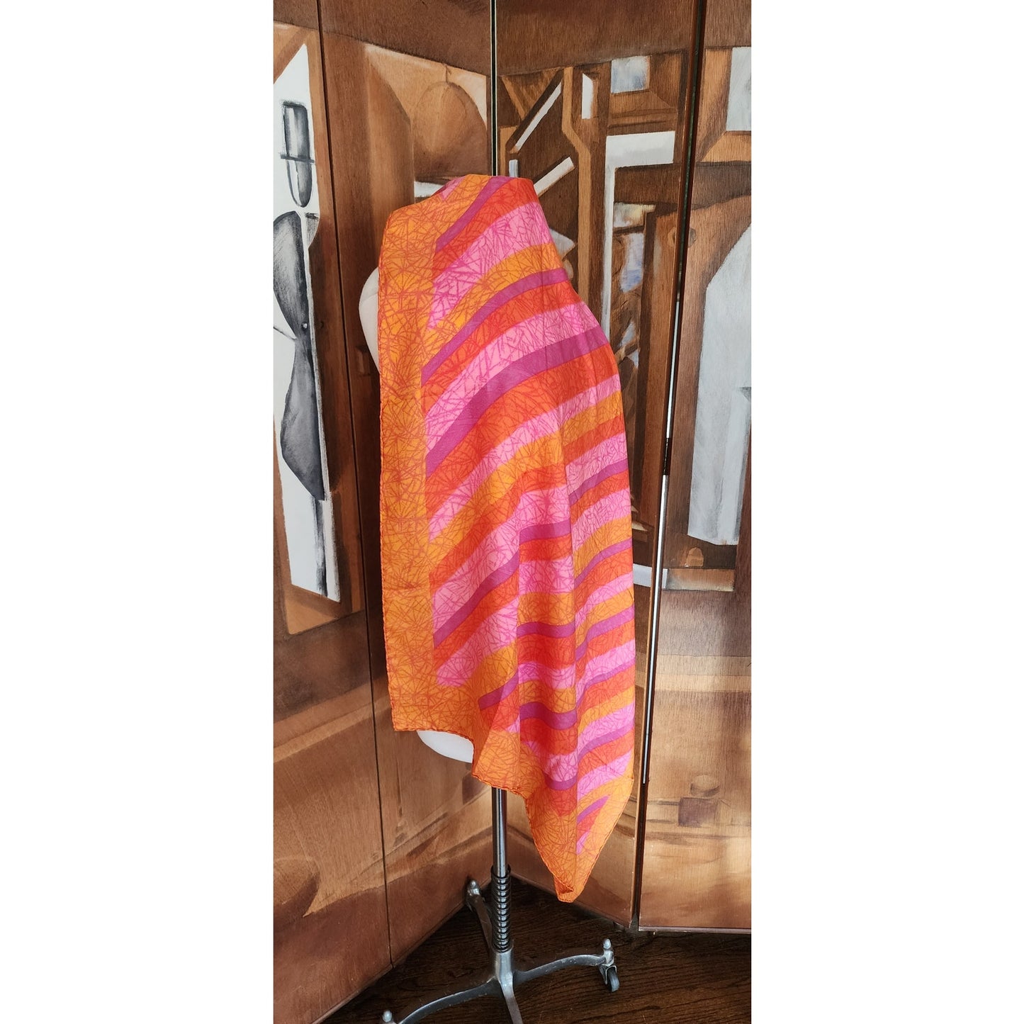 Vintage 70s Liberty of London Silk Scarf Large Orange Pink Diagonal Stripe