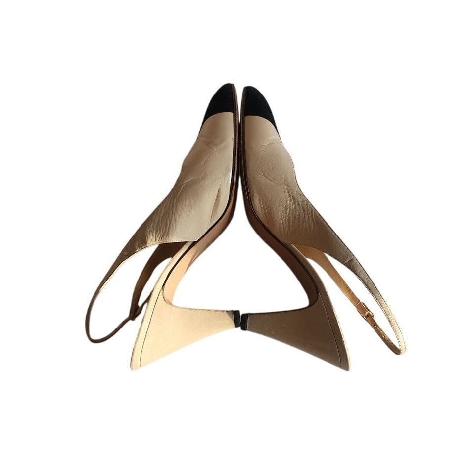 Vintage 1990s CELINE Paris Slingback Shoes Two Toned Black Cream Kitten Heel 7.5