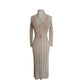 Vintage 1970s Cream Knit Maxi Dress Openwork Crochet Liner Long Sleeved Belted