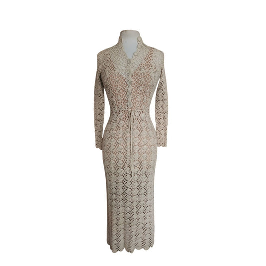 Vintage 1970s Cream Knit Maxi Dress Openwork Crochet Liner Long Sleeved Belted