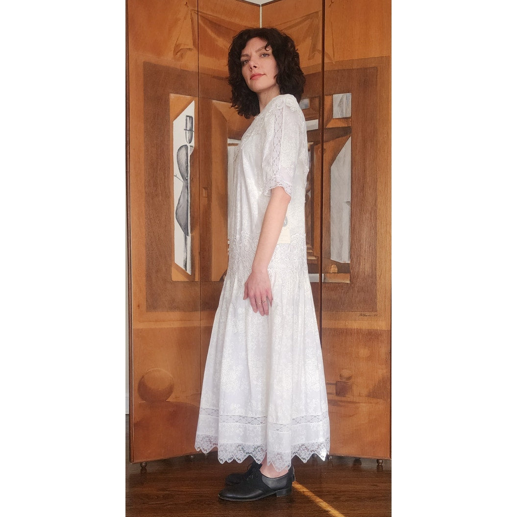 Vintage 80s Scott McClintock White Lace Dress Drop Waist Puffed Sleeves NWT