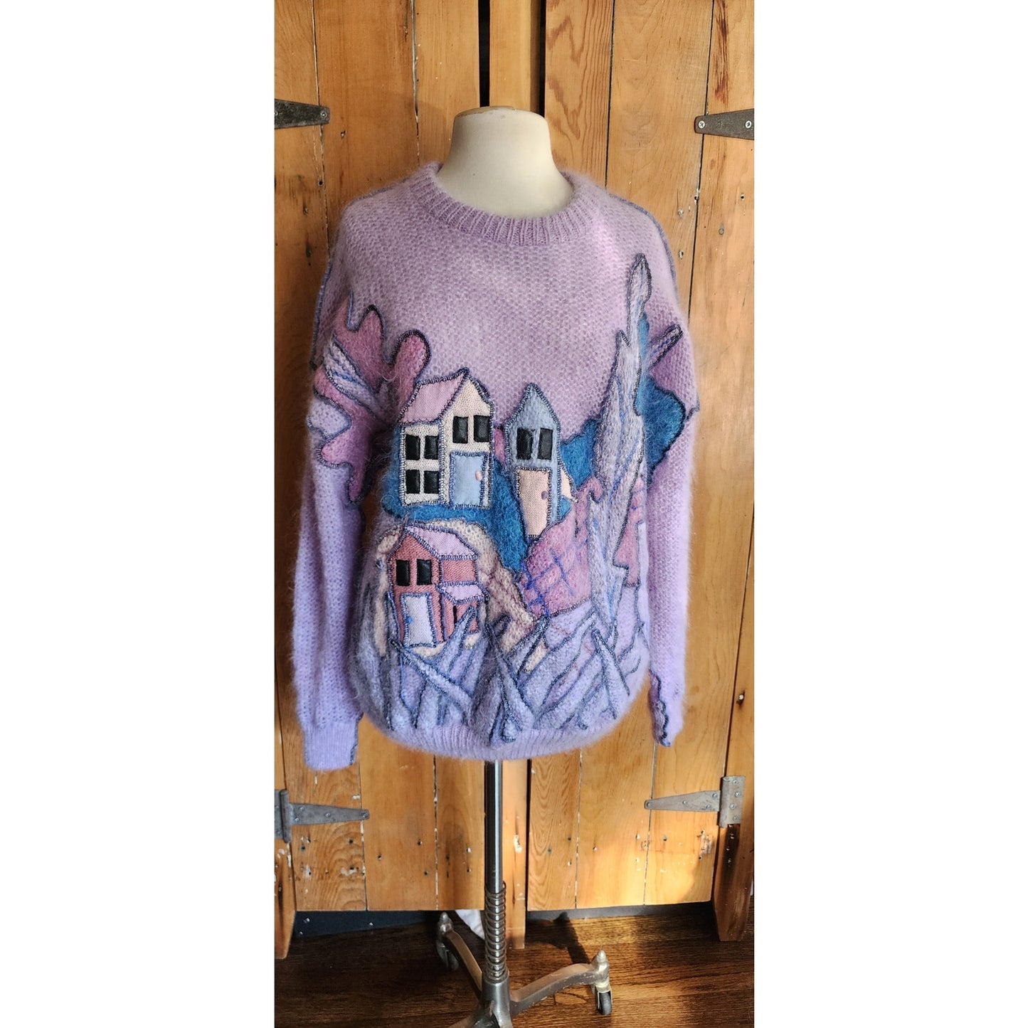 80s Purple Sweater in Embroidered Mohair Village Scene Applique by Vashti New Zealand