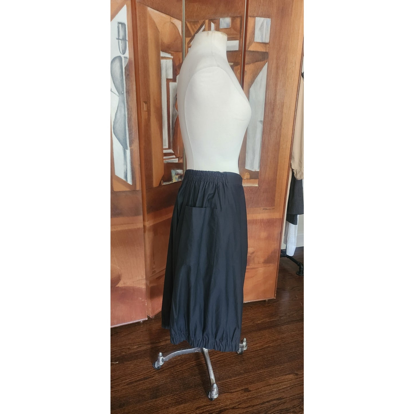 Vintage VUOKKO Finland Skirt Black Cotton Bubble Silhouette Elastic Hem Large Pockets