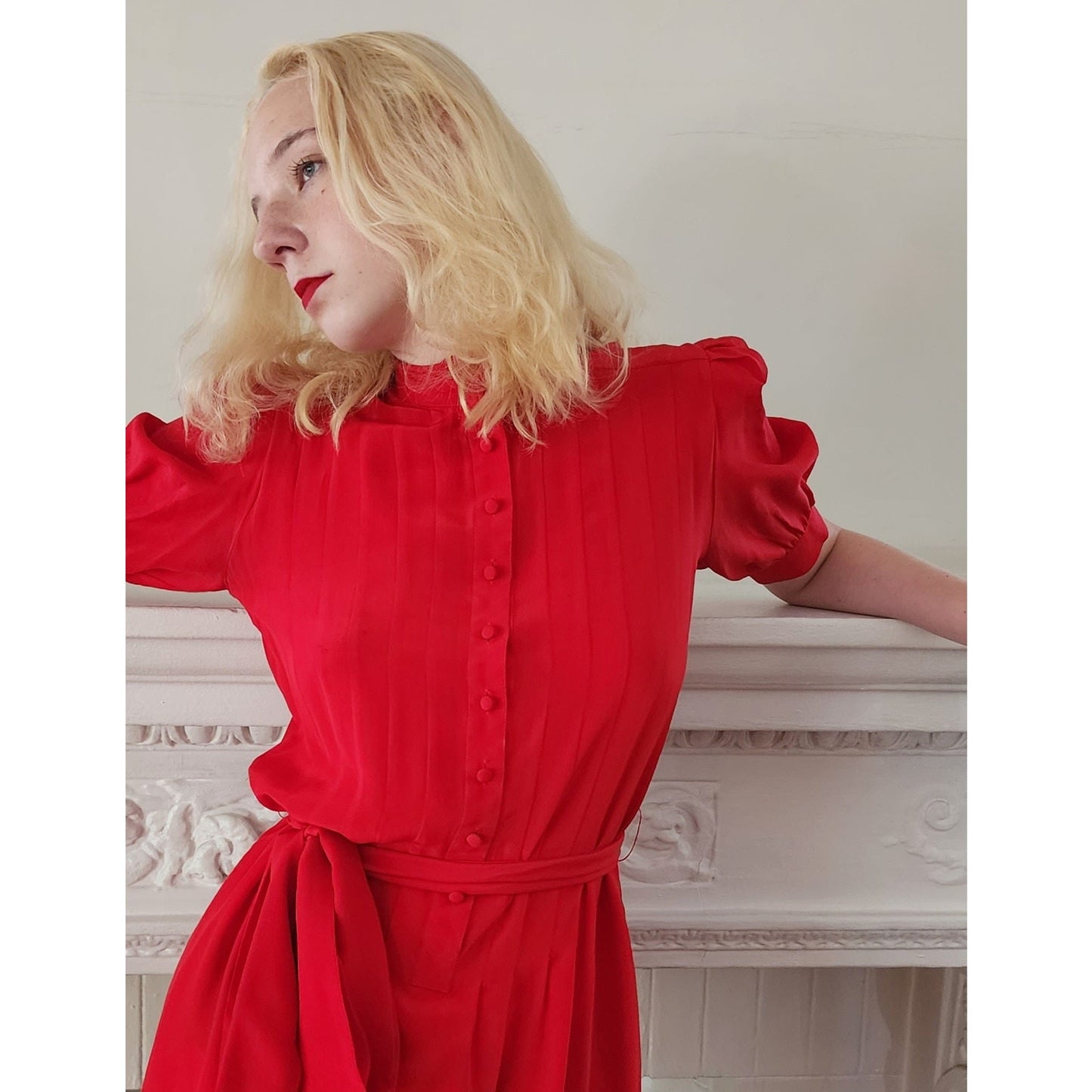 Vintage 80s Red Silk Dress Short Sleeves Belted