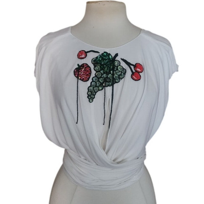 Vintage 1980s Holly Harp Top or Tunic Silk Jersey Embroidered Fruit Sequins Beaded Fringe