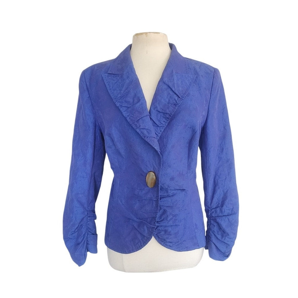 Vintage Escada Blue Blazer Printed Silk w/Agate Stone Button / L