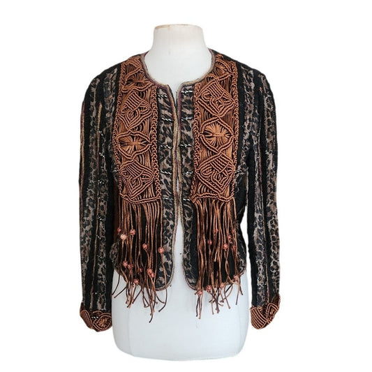 Vintage 90s Sandy Starkman Bohemian Crochet  Embellished Fringe Jacket Art to Wear