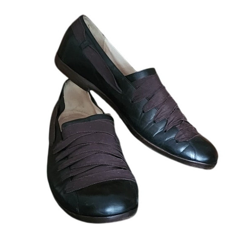 Vintage 1990s Dries Van Noten Shoes Black Leather Ballerina Flats Crisscross Ribbon Straps 39