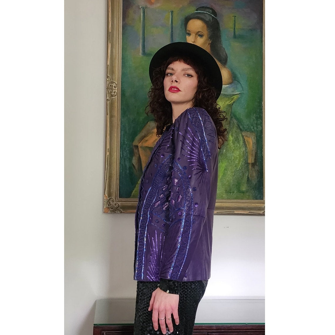 Vintage 80s Purple Leather Blazer Beaded Sequined Jacket French Collizioni / M