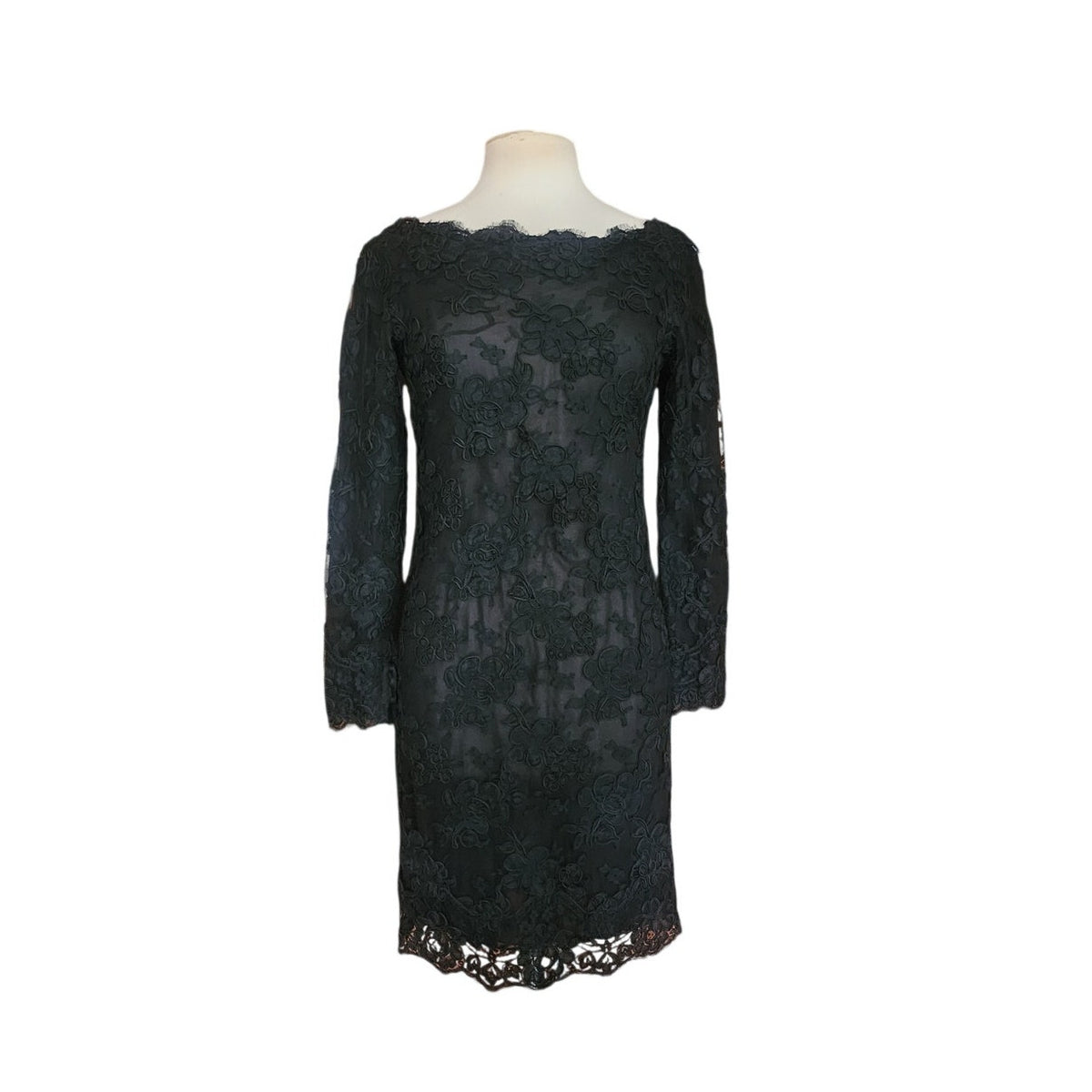 Vintage 1990s Calvin Klein Dress Black Lace Scalloped Boat Neck Long Sleeve Sz 8