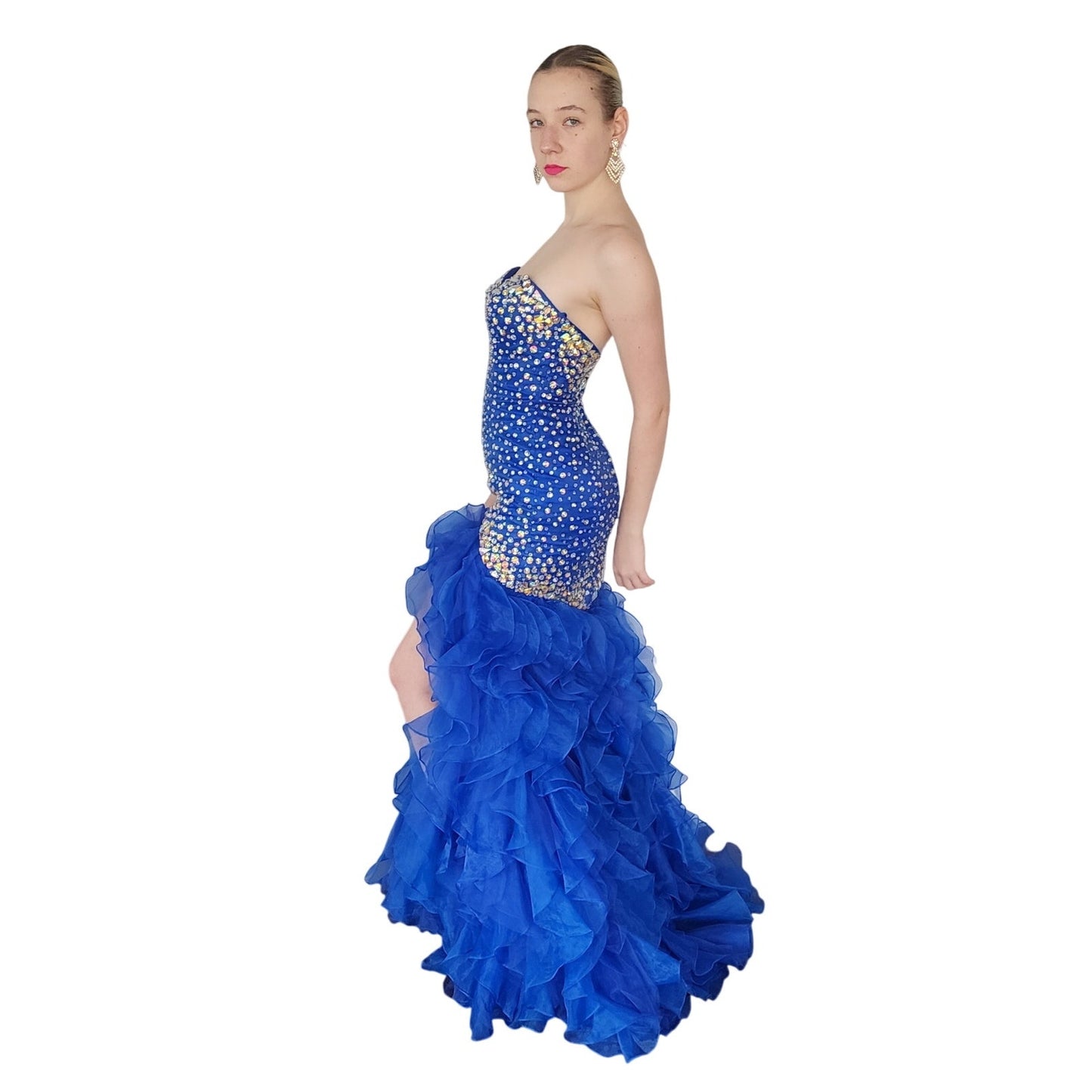 Morilee Strapless Blue Evening Dress Mermaid Ruffled Skirt Beaded Torso