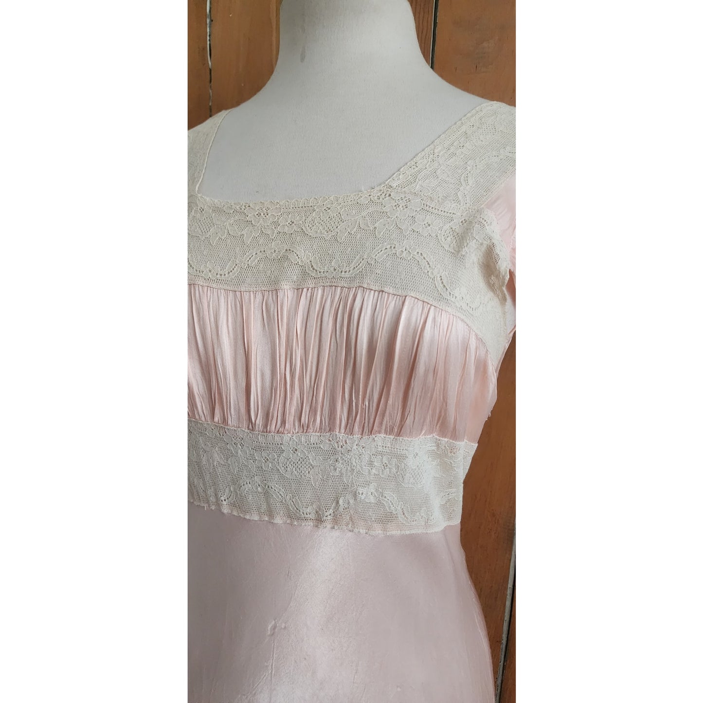 Vintage 30s Pale Pink Silk & Lace Bias Cut Nightgown Dress Long Slip Old Hollywood M