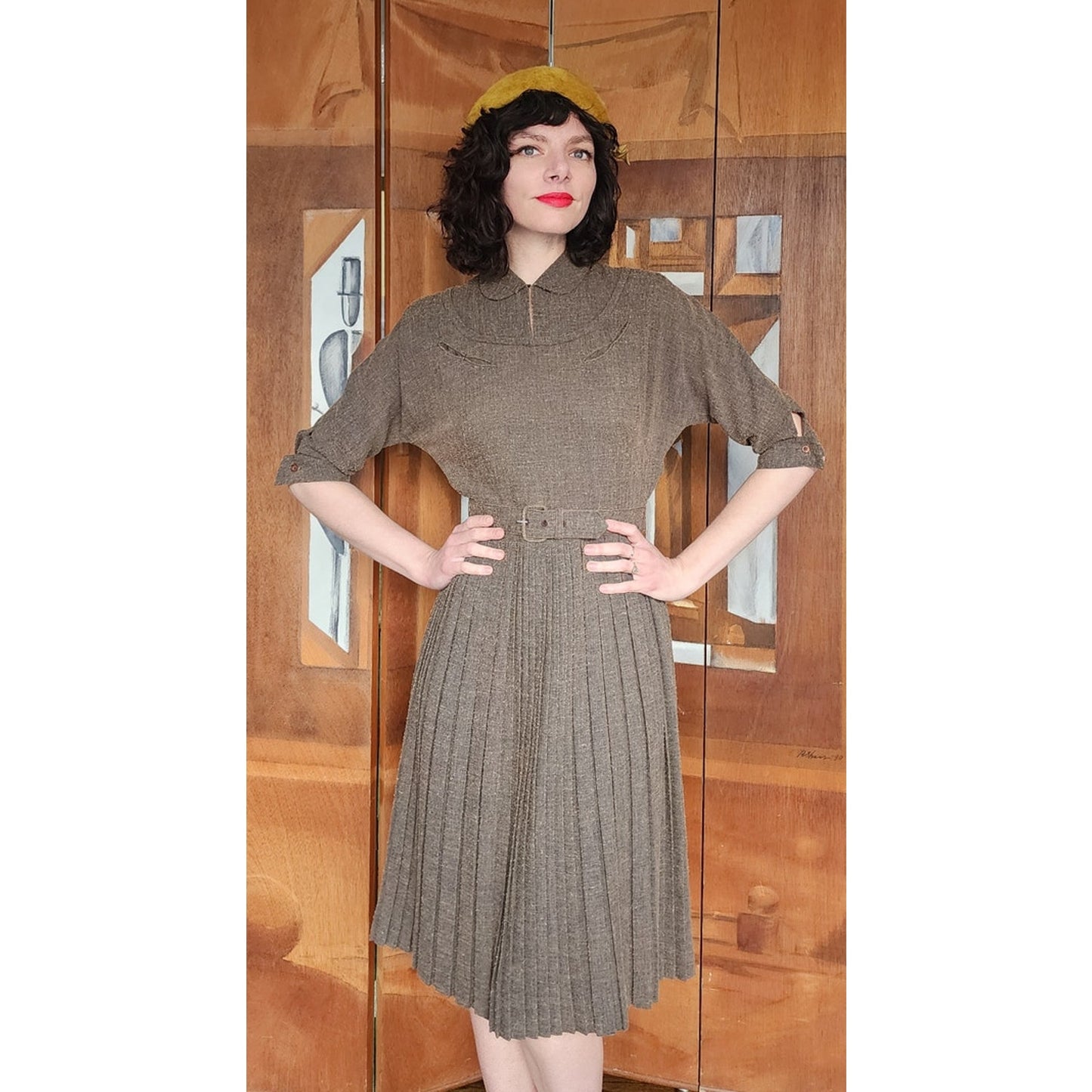 Vintage 40s Day Dress Textured Belted Brown Olive Green Kabro of Houston