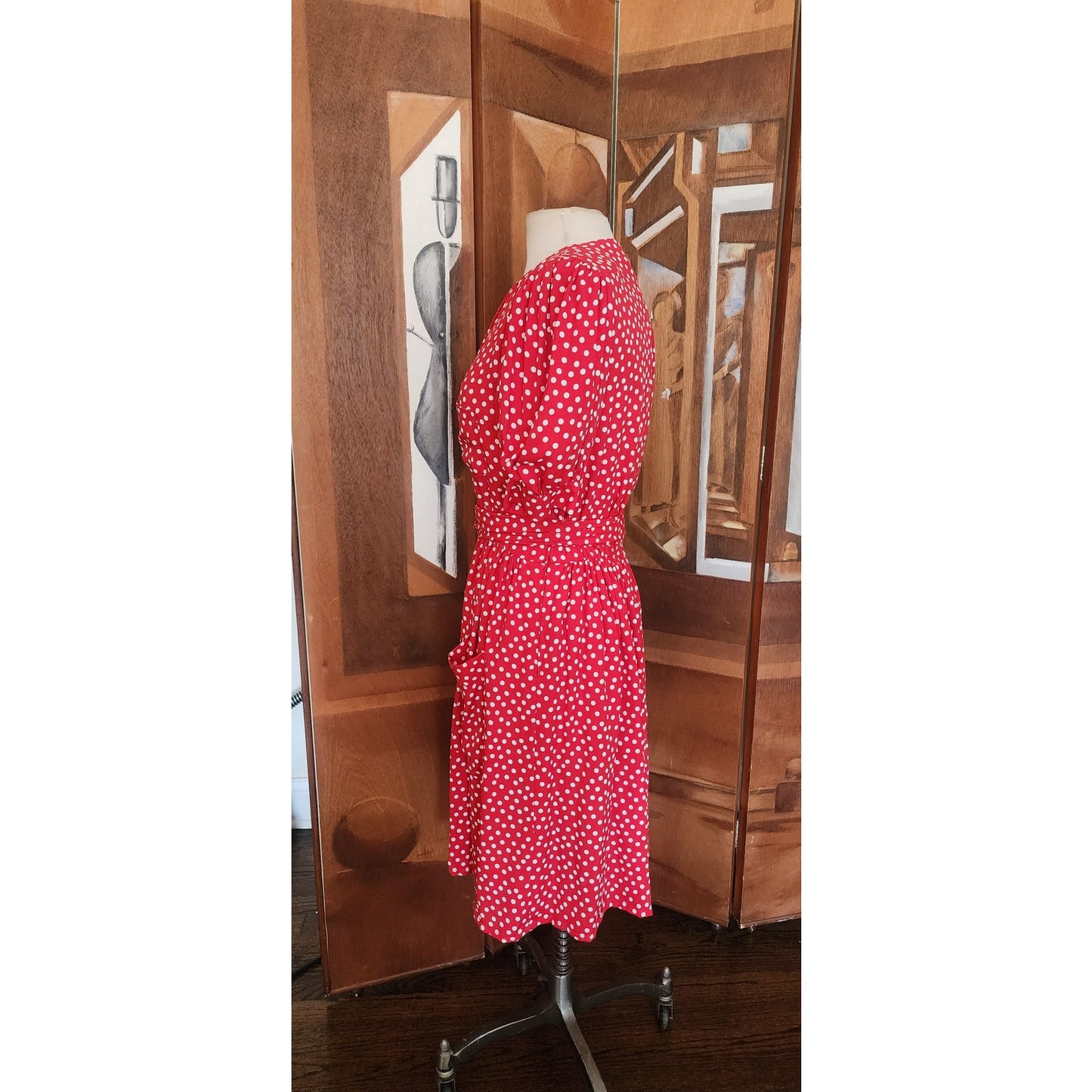 Vintage 1980s Sonia Rykiel Dress Red Polka Dot Rayon Short Sleeved Midi w/Belt