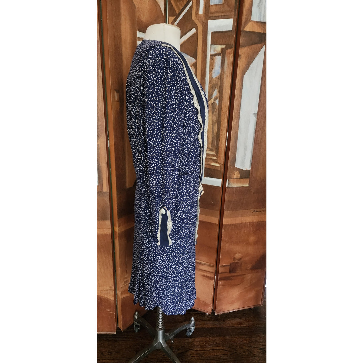 Vintage 1920s Day Dress Silk Print Navy Blue Polkadot Micro Dot Long Sleeves / S