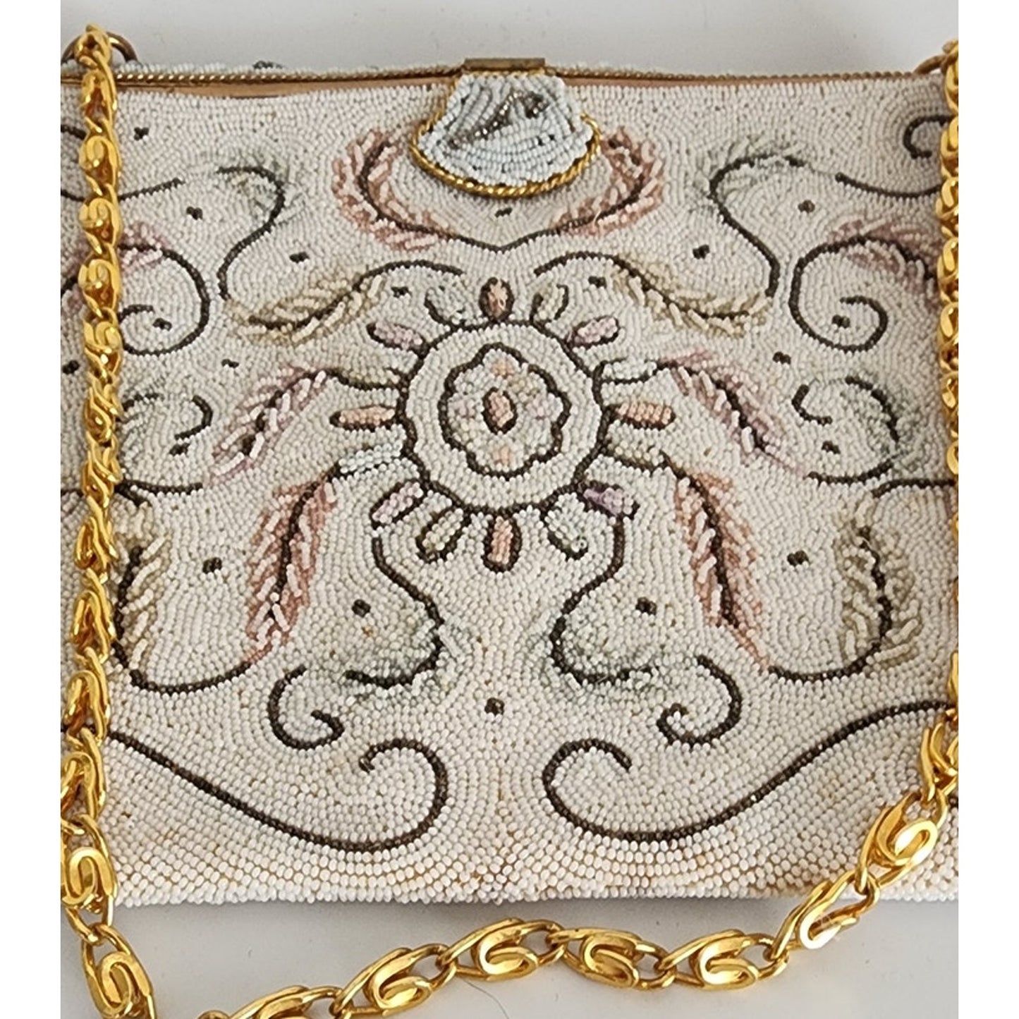 Vintage 50s Beaded Evening Bag in White France Elaborate Scrollwork Microbeading