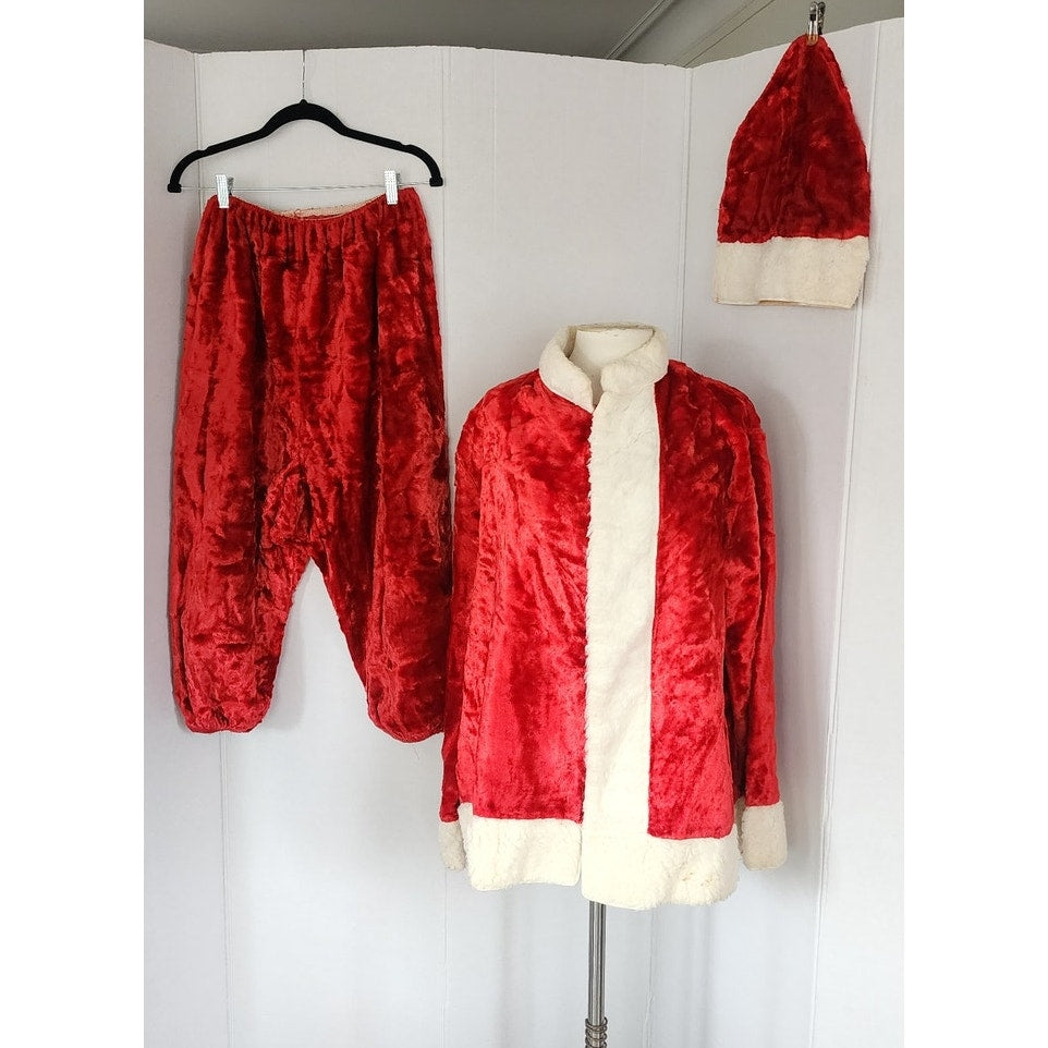 Vintage Santa Claus Costume Jacket Pants Hat Red Velvet