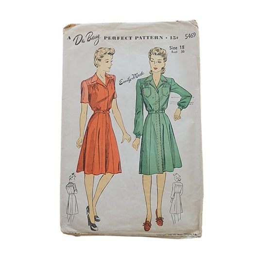 Vintage 1940s Sewing Pattern ORIGINAL: Shirtwaist Dress DuBarry 5469 Bust 36