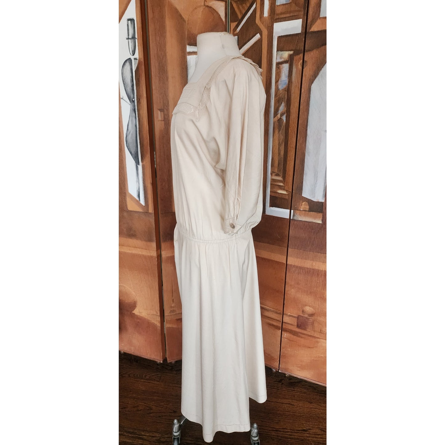 Vintage 1980s Cream Silk Dress Lace Trim Drop Waist Edwardian Style Norma Walters
