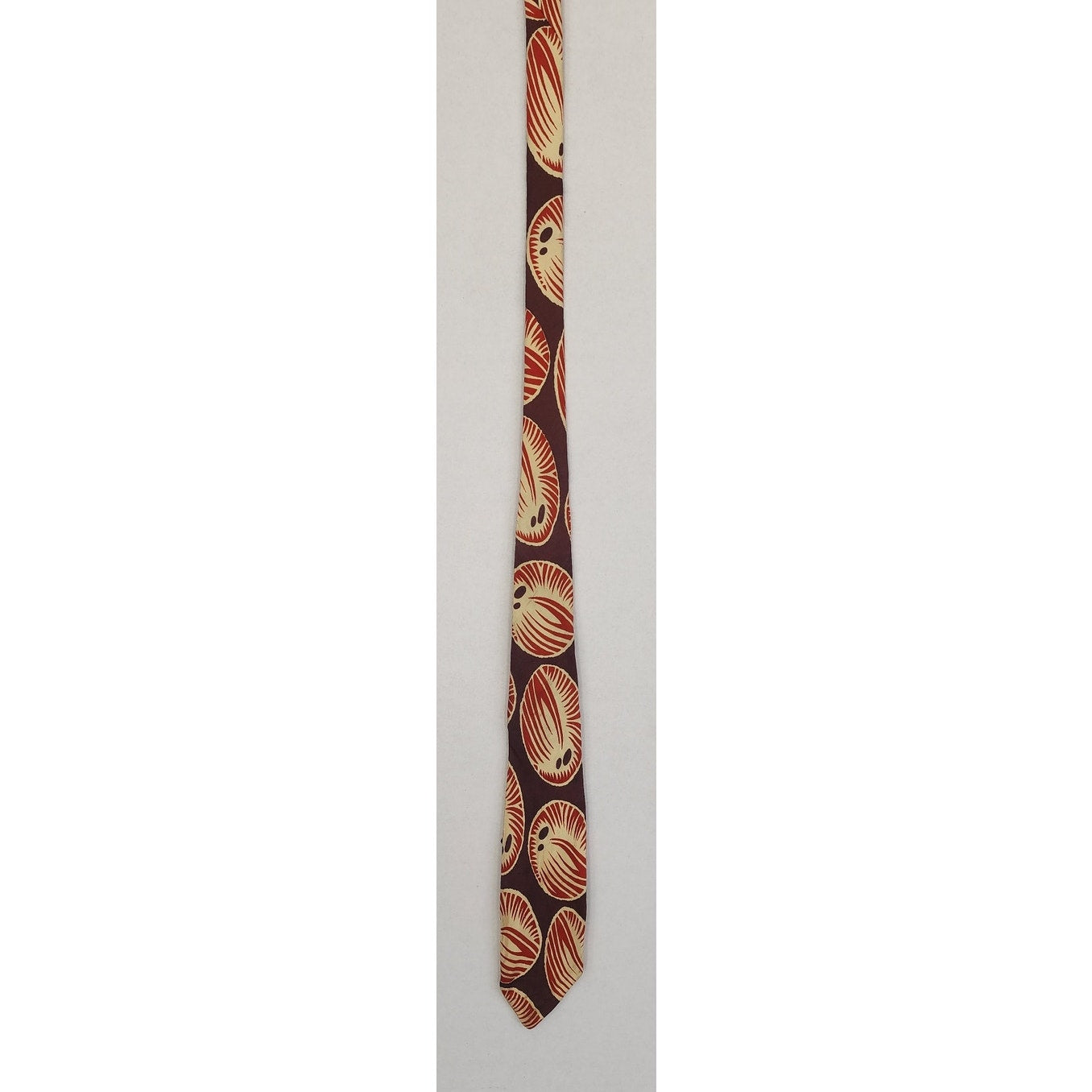 Vintage 40s Mens Tie Brown Red Abstract Coconut Fruit MCM Print Bond Style Manor