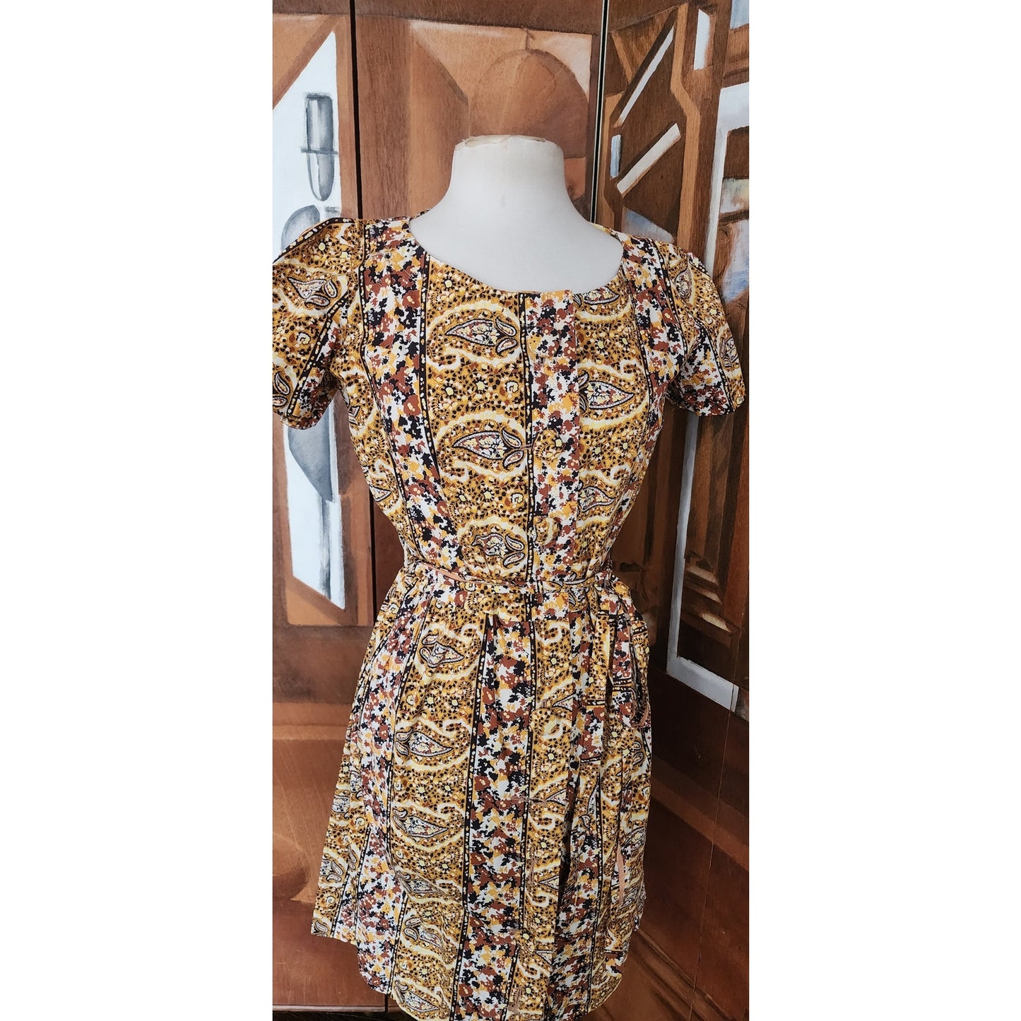 Vintage 50s Cotton Print Day Dress Yellow Black Paisley Print Shirtdress / M