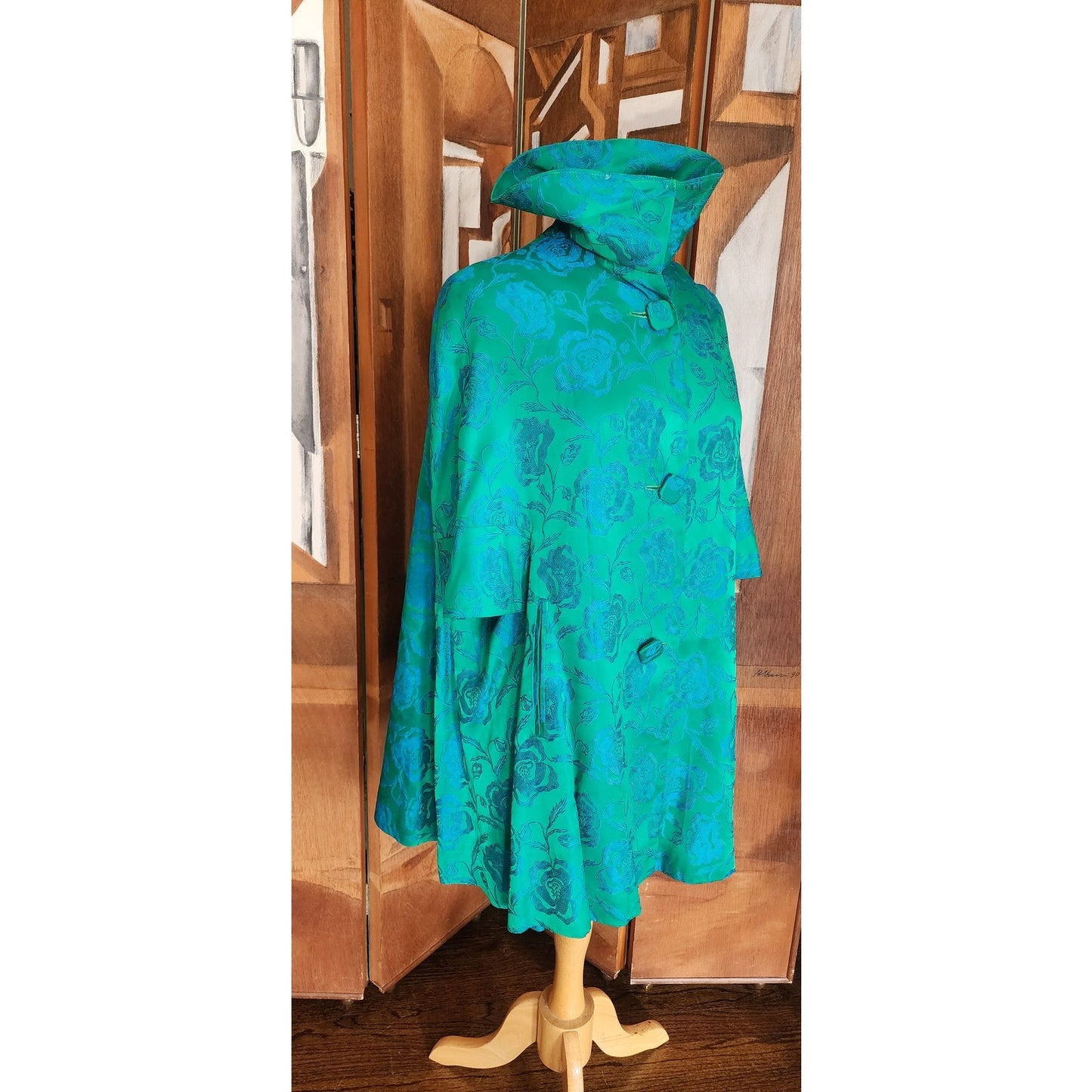 Vintage 60s Swing Coat Short Cape Style Jacket Blue Floral Brocade
