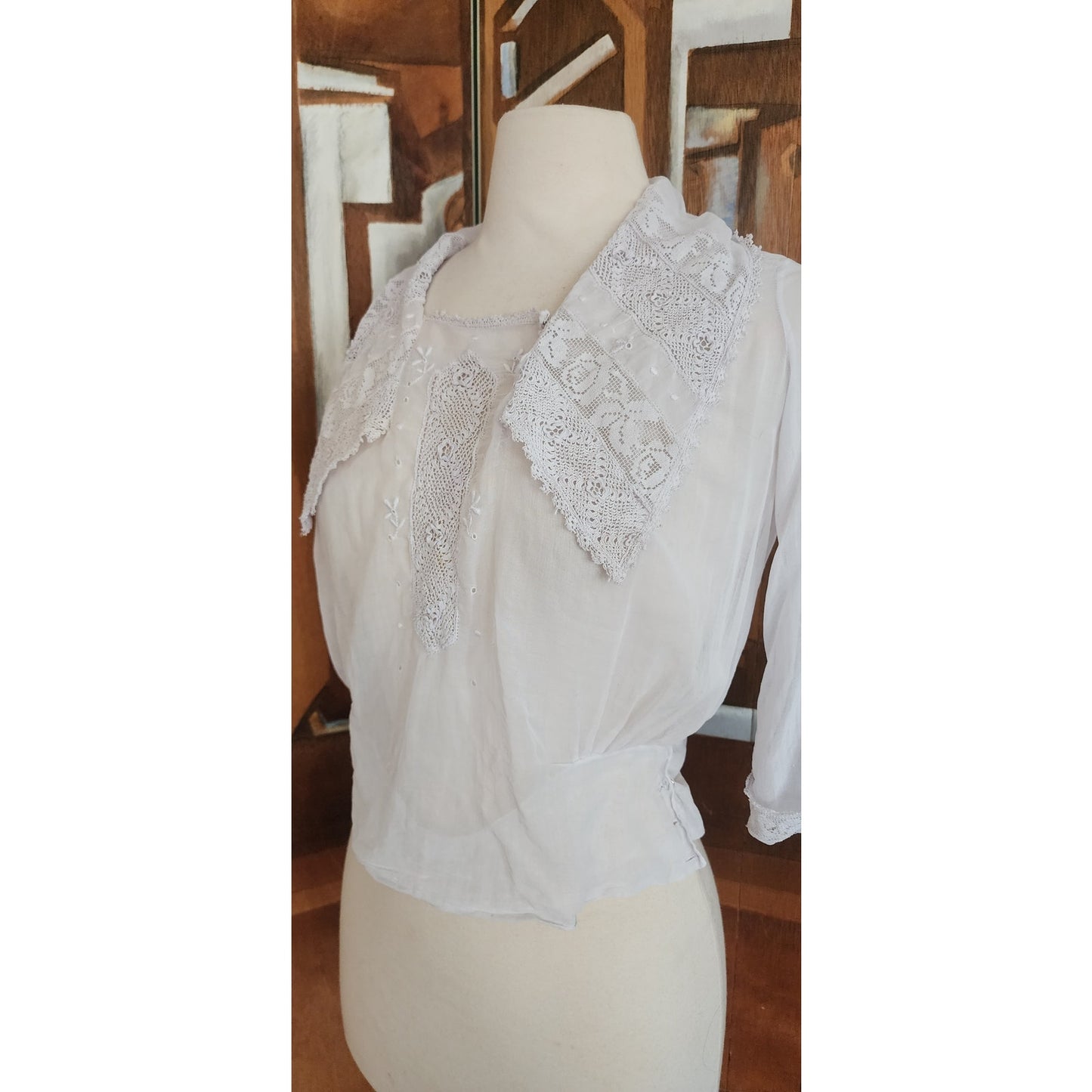 Antique Edwardian Blouse White Cotton Lace Embroidery Sailor Collar / S