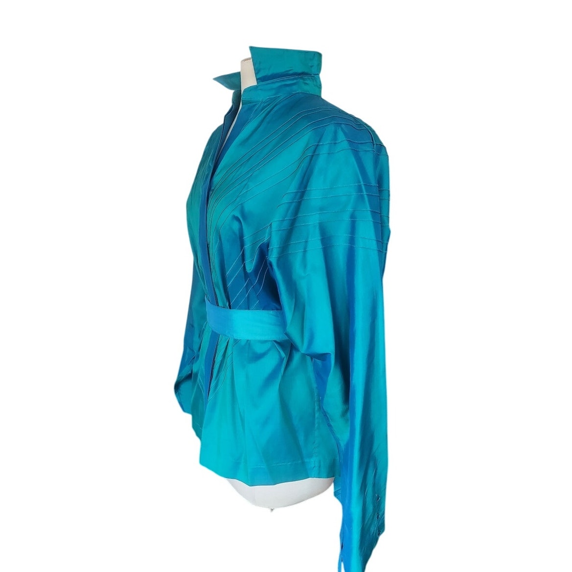 Vintage 80s Silk Blouse Electric Blue w/Pleats and Belt/Pussycat Bow / M