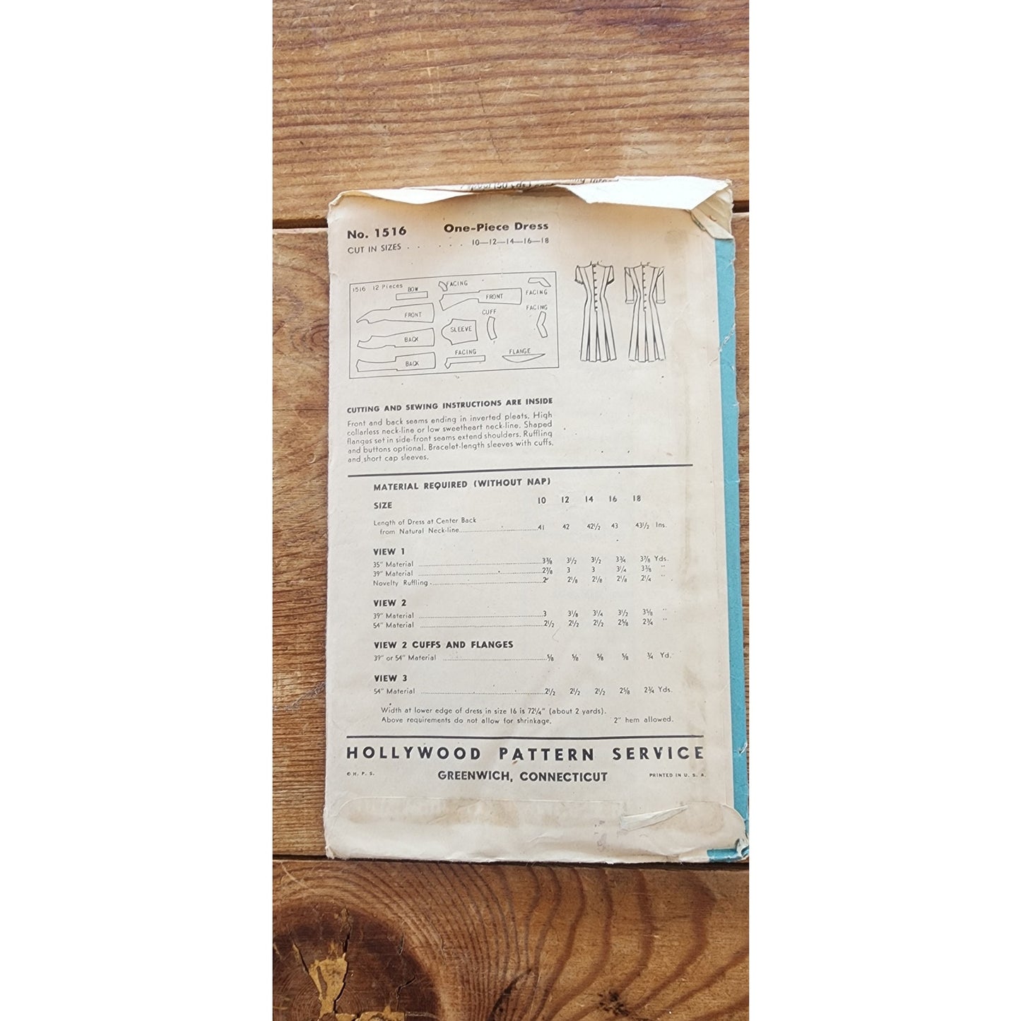 Vintage 1940s Sewing Pattern ORIGINAL:  One-Piece Dress Hollywood 1516 Bust 34