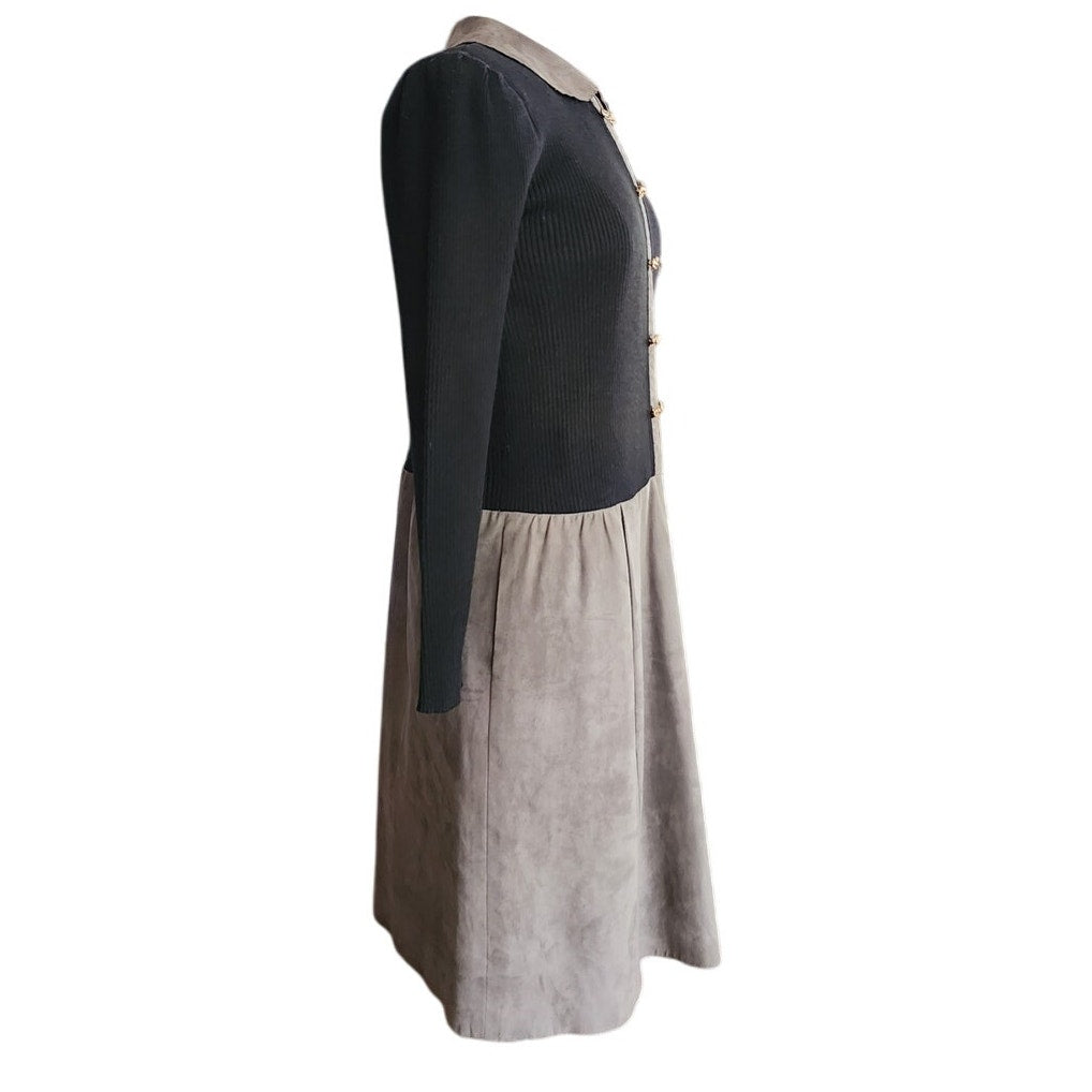 Vintage 1980s CIAO Dress Drop Waist Black Knit Gray Faux Suede / M