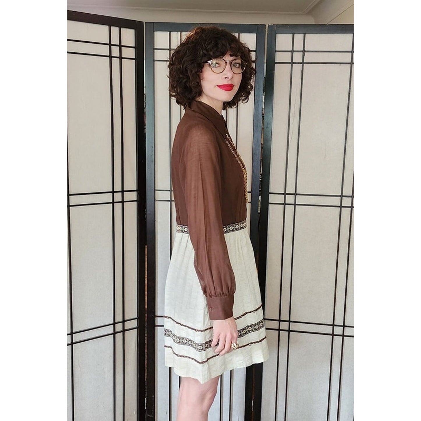 Vintage 60s Day Dress Brown Cream Long Sleeved