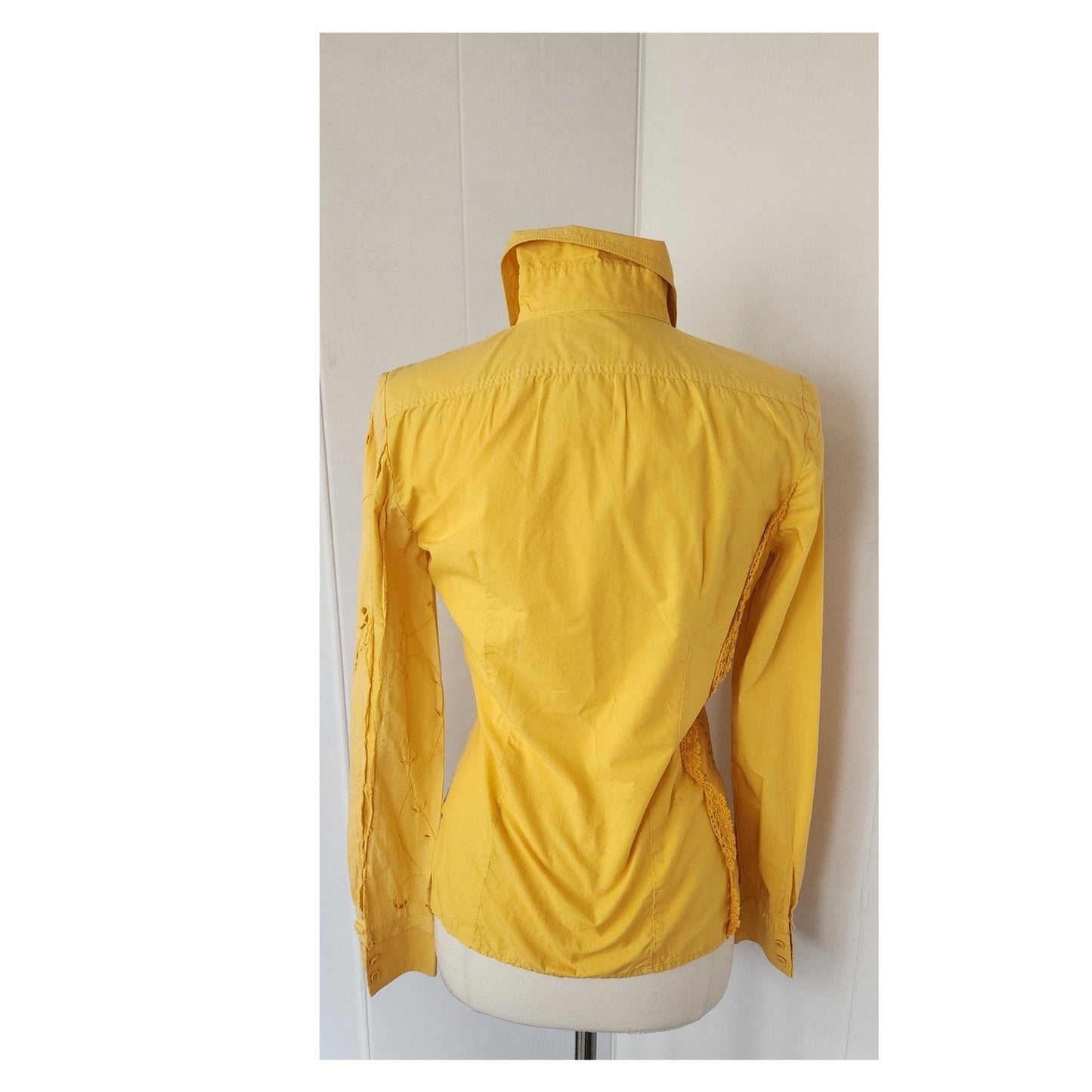 Vintage Yellow Shirt Button Down by Philosophy Alberta Ferretti w/ Crochet Trim Small