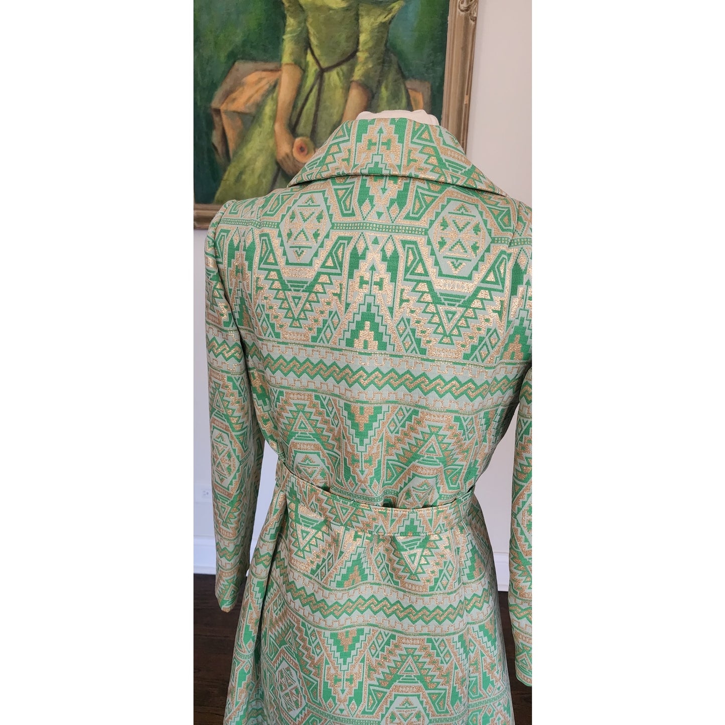 Vintage 1960s Belted Coat Mod Green Print Geometric Abstract Chas A Stevens