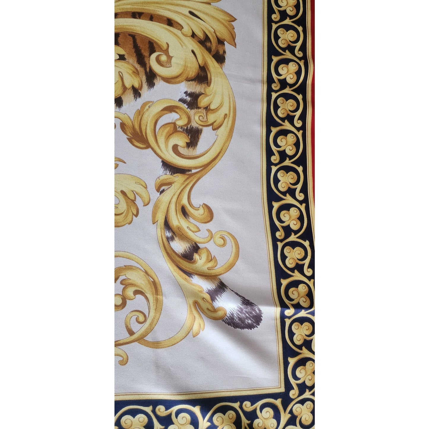 Vintage Ferragamo Silk Scarf Tiger Print Gold Baroque Scroll Print