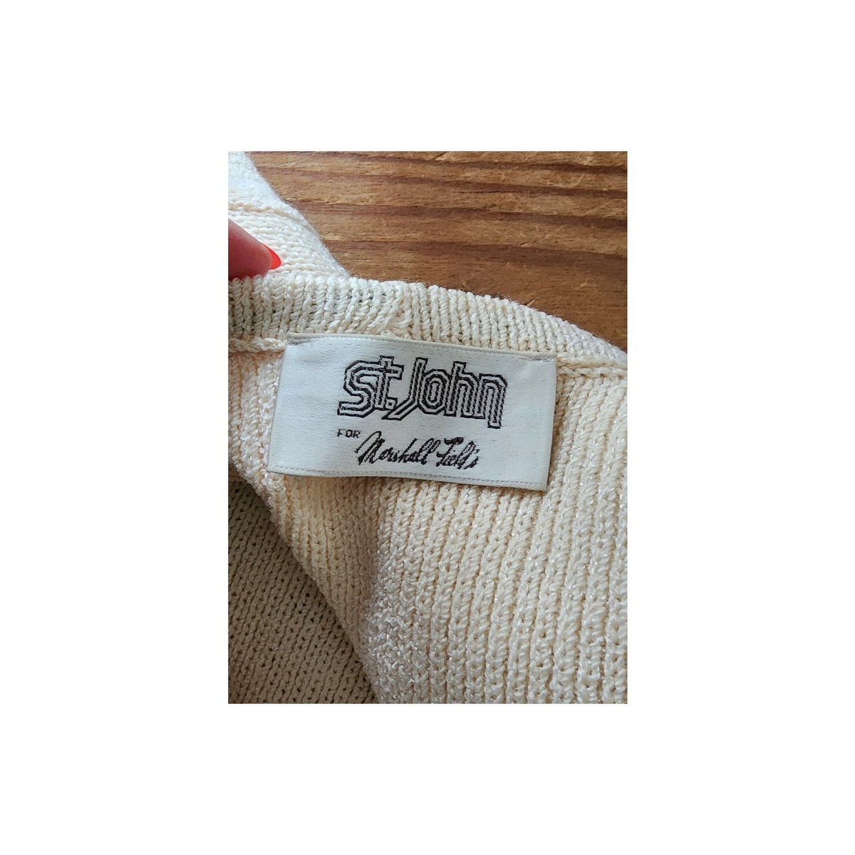 Vintage 1980s St. John Suit Jacket Cardigan Sweater + Skirt Set Cream Knit Marshall Fields