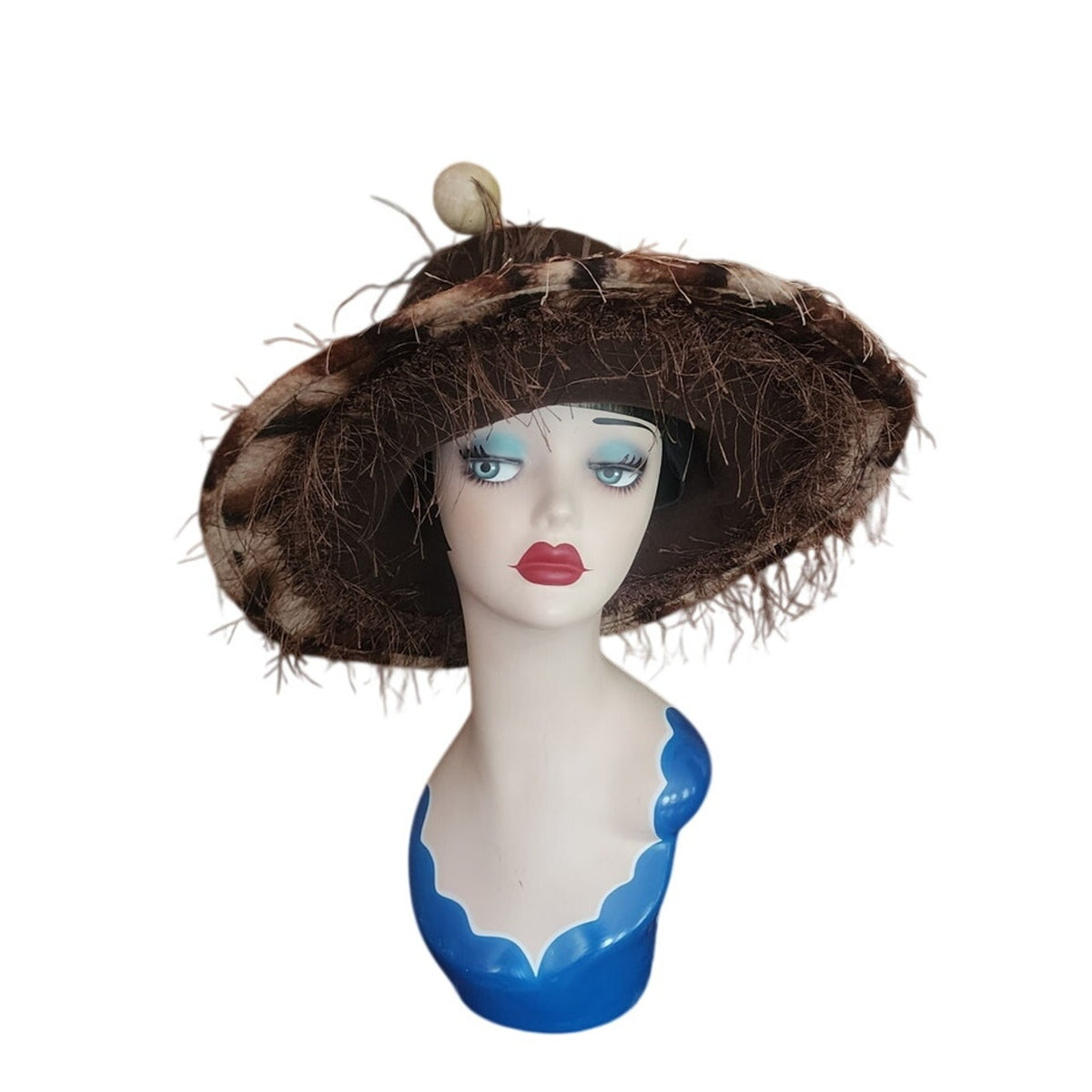 Vintage Y2K Oversized Hat Wide Brim Animal Print Feathers Handmade Chapeau Puccio