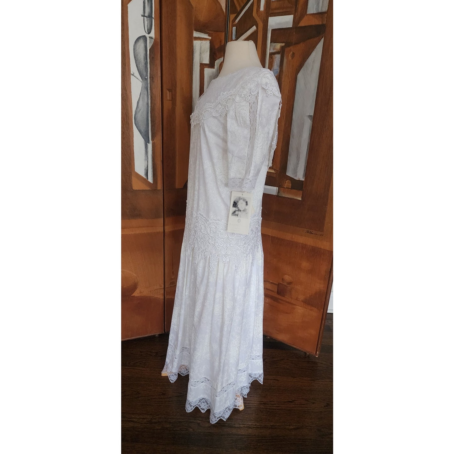 Vintage 80s Scott McClintock White Lace Dress Drop Waist Puffed Sleeves NWT