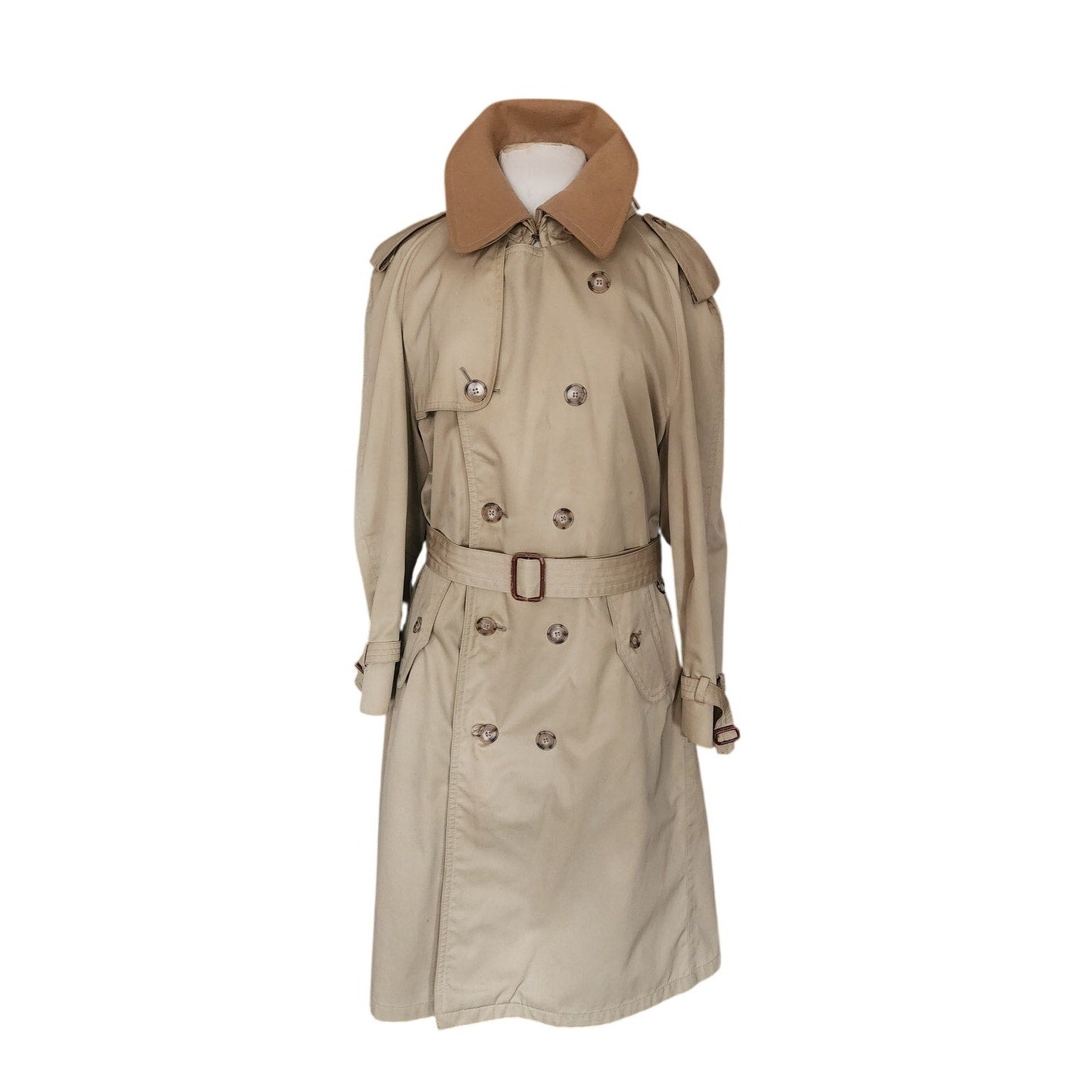 Vintage 80s Lytton's Threadneedle Chicago Mens Beige Trench Rain Coat Belted Wool Collar